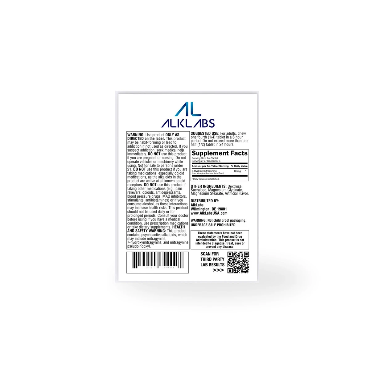AlkLabs 7 Hydroxymitragynine 40mg Tablets 1ct Back 86801